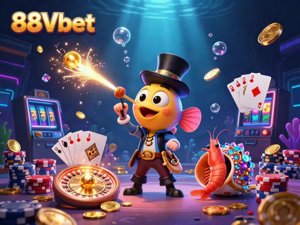Experience vivid gaming excitement with 88Vbet, showcasing an animated anglerfish and treasure characters.