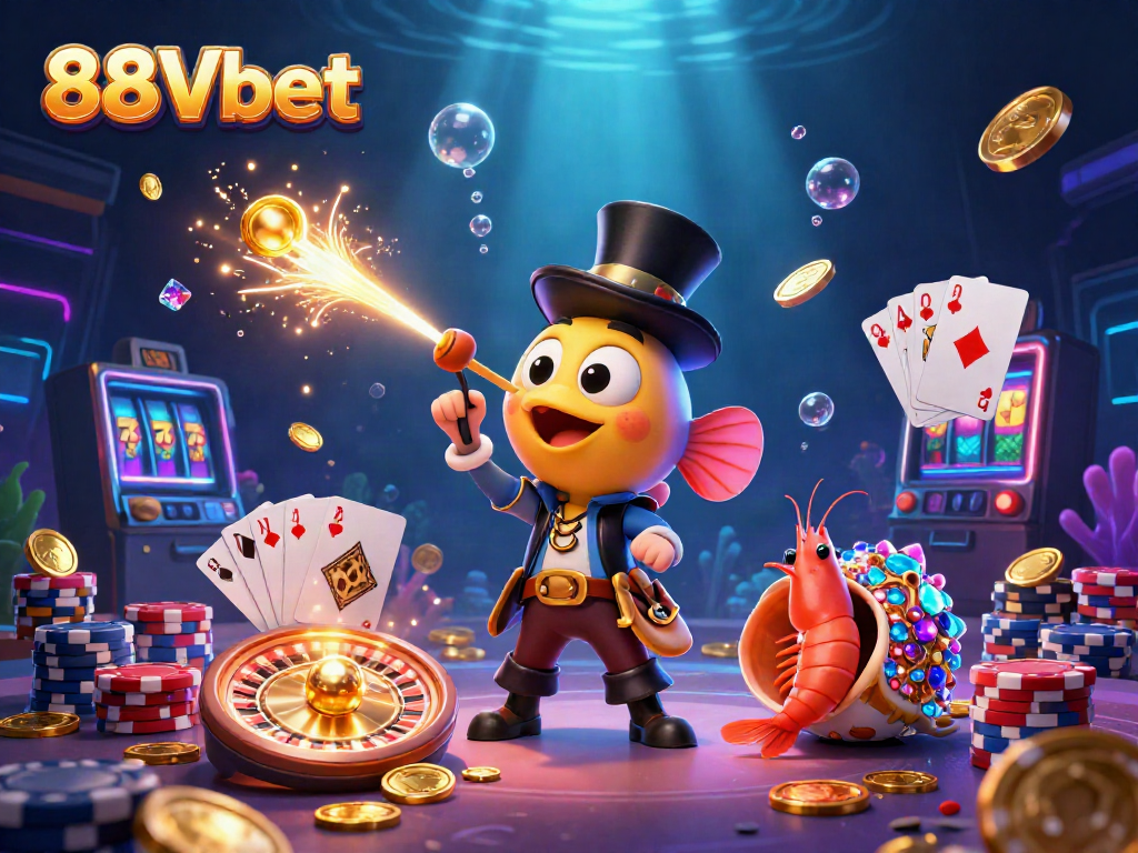 Experience vivid gaming excitement with 88Vbet, showcasing an animated anglerfish and treasure characters.