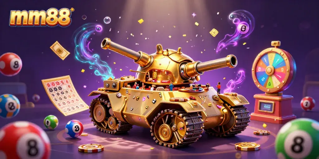 Experience thrilling gaming within mm88's vibrant casino tank, surrounded by confetti and lottery balls.