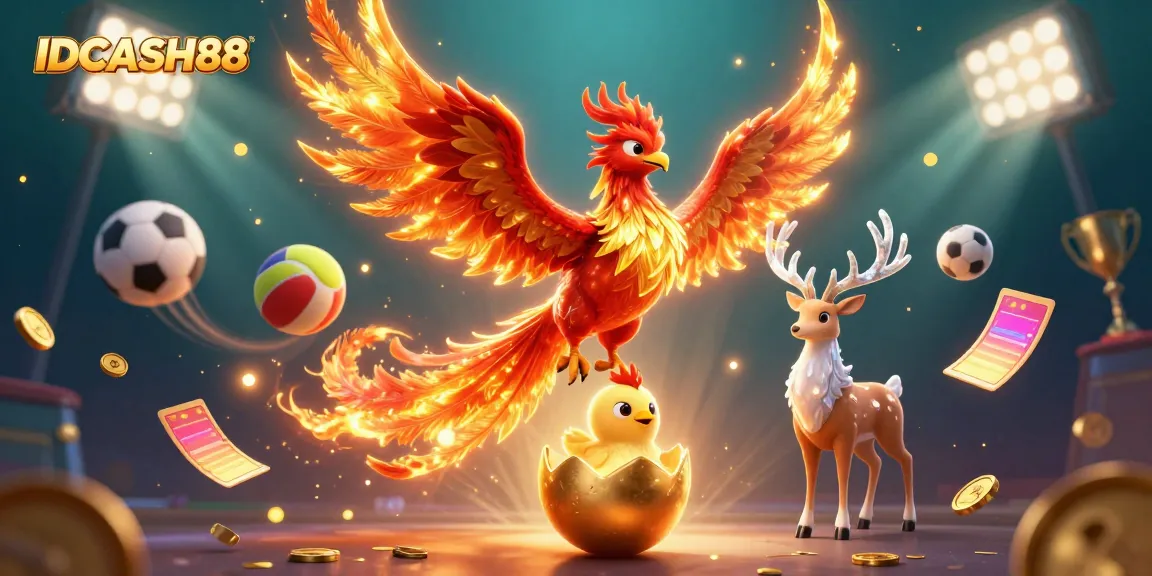Experience exciting wins at IDCASH88 with thrilling gaming elements in a dynamic casino scene featuring a golden phoenix.