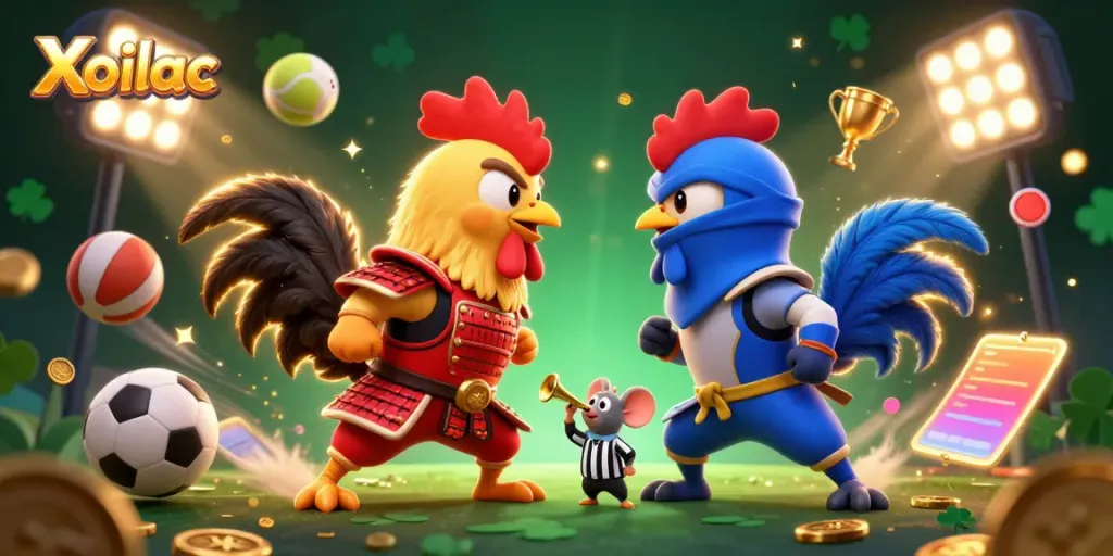 Xoilac features dynamic cartoon roosters battling amidst exciting sports elements
