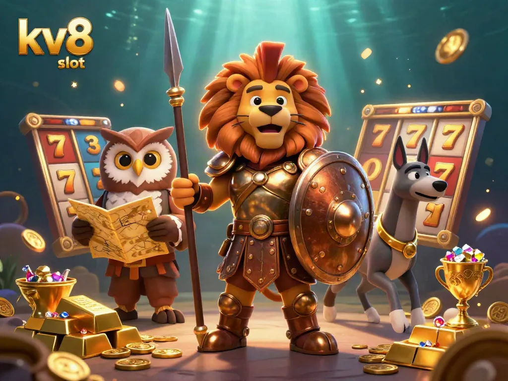Experience the thrill of kv8 slot with vibrant characters, gold treasures, and exciting slot reels.