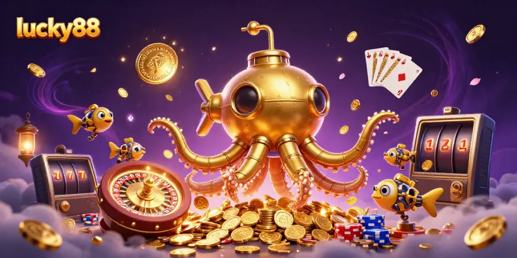 Experience the thrill of lucky88 with a golden kraken submarine amidst cascading coins and neon casino elements.