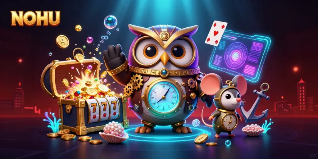 NOHU's owl character leads a vibrant slot gaming scene filled with gold coins and playful elements.