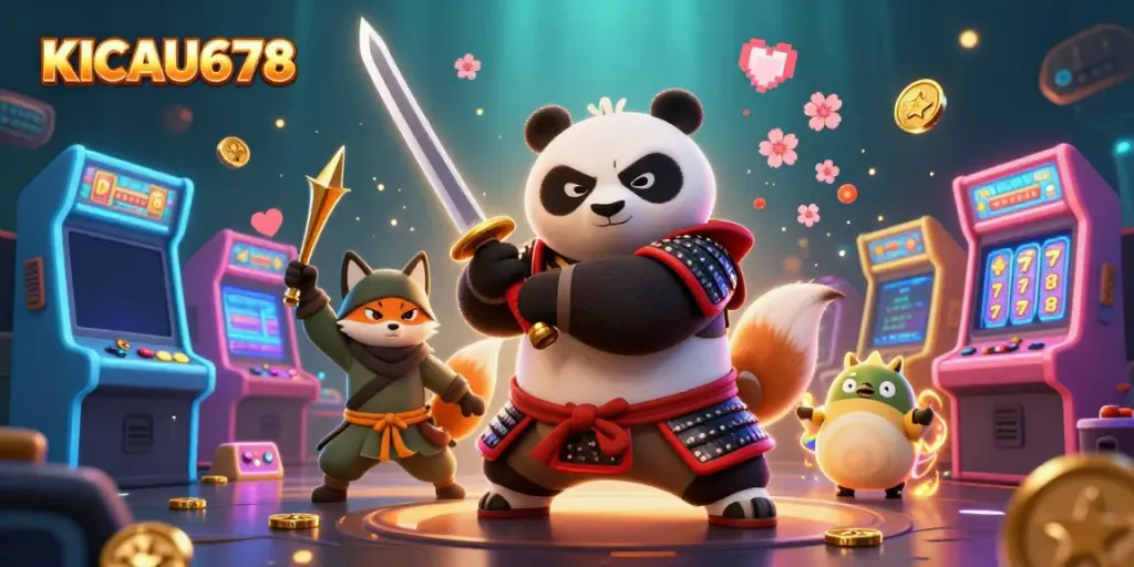 KICAU678 offers immersive gaming experiences, featuring samurai panda and ninja fox in a vibrant casino world.