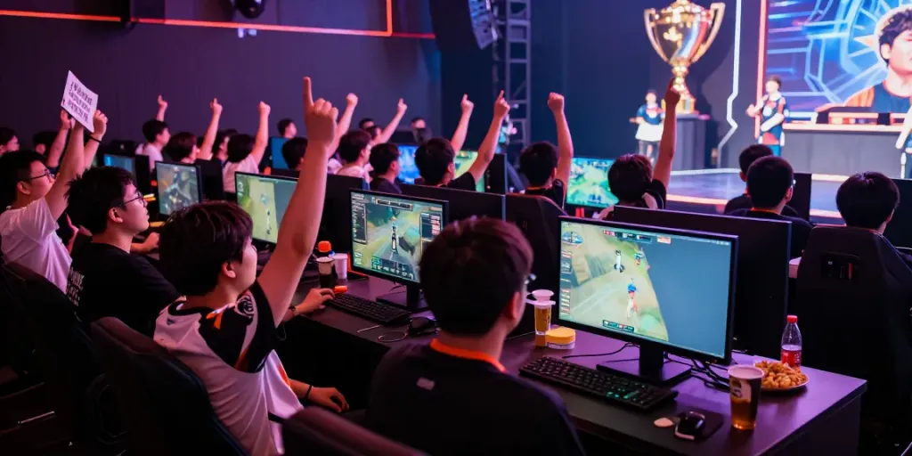 Kompetisi esports di arena OYO288 dengan penonton bersorak, suasana ramai dan penuh semangat