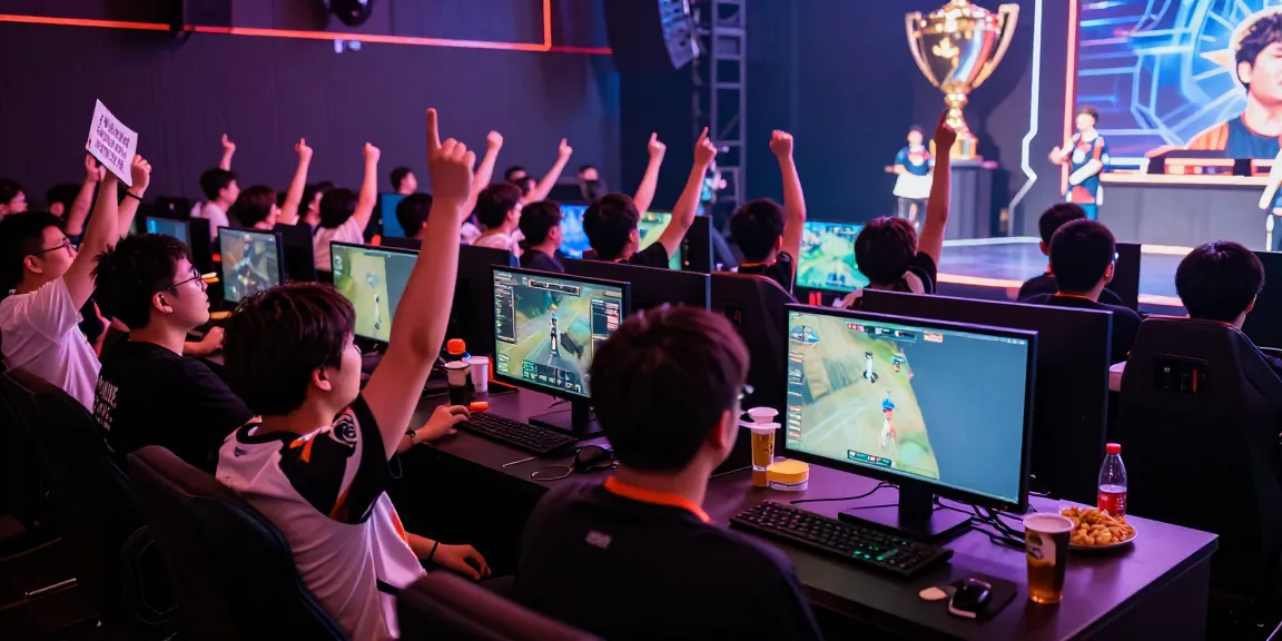 Kompetisi esports di arena OYO288 dengan penonton bersorak, suasana ramai dan penuh semangat