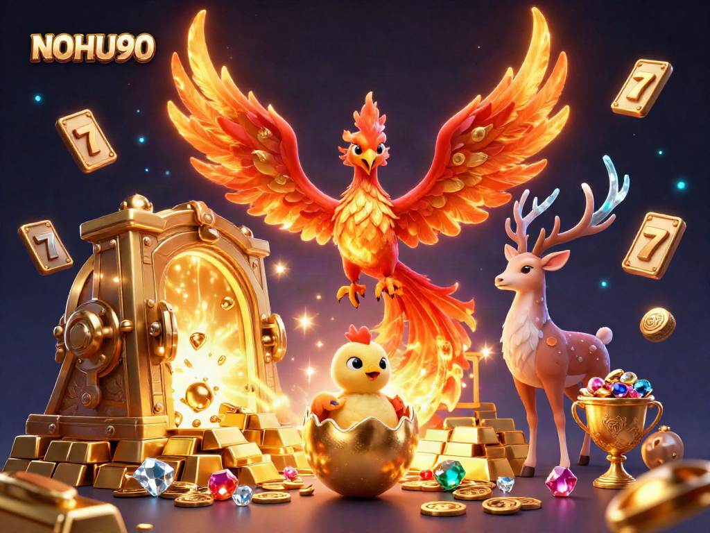 Experience the excitement of NOHU90 with a vibrant phoenix and mystical stag in a treasure-filled scene.