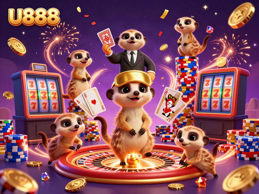 U888 meerkats joyfully running a vibrant casino scene, surrounded by gold coins and chip towers.