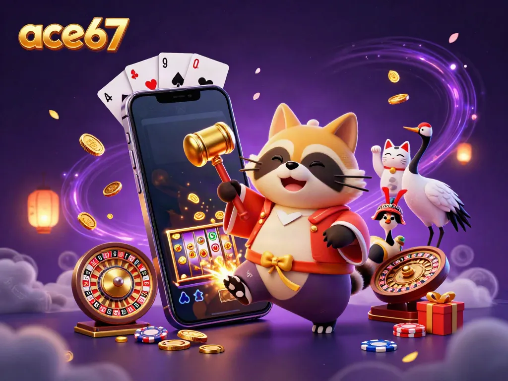 Play colorful slot games with ace67 amidst cheerful characters and exciting casino elements.