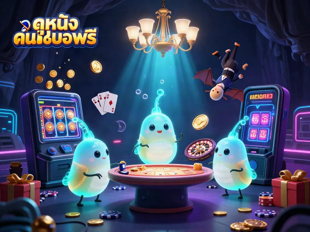 Engage in ดูหนังออนไลน์ฟรี surrounded by 3D cartoon glowworms illuminating a cave casino filled with gaming elements.