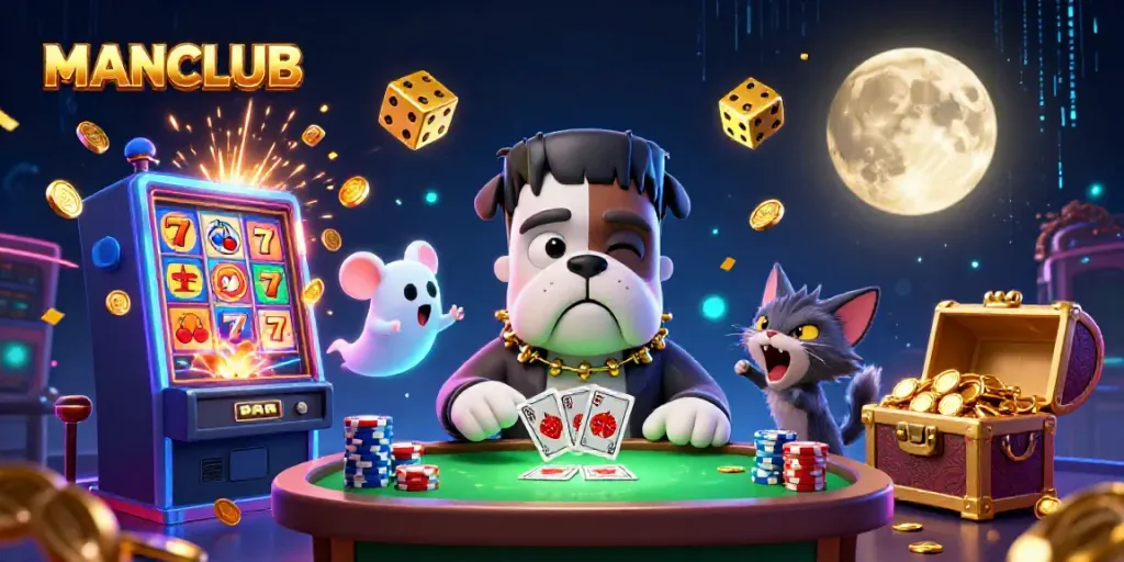 Experience thrilling gameplay with MANCLUB's unique gaming characters in a vibrant casino scene.
