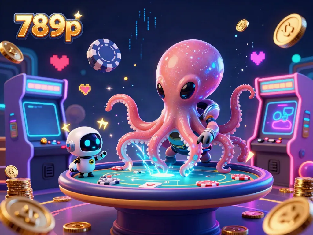 Engage with the 789p casino theme as an alien octopus runs a holographic poker table amidst colorful gaming elements.