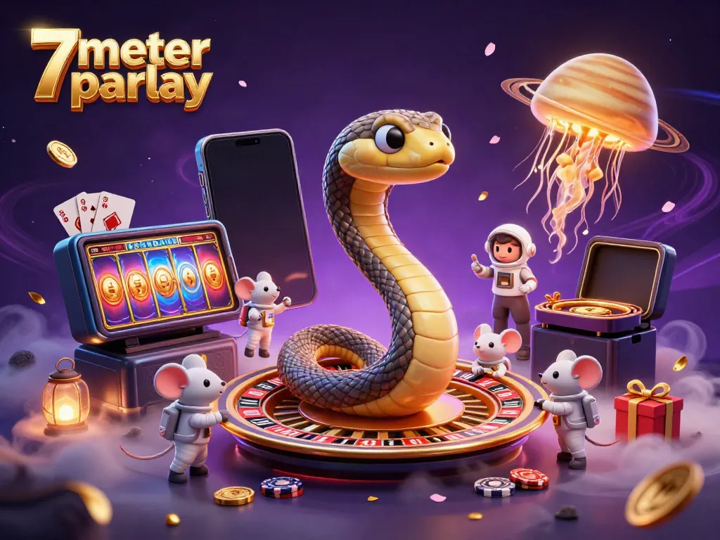 Engage in 7meter parlay with a cosmic casino scene of animated betting, slots, and rewards.