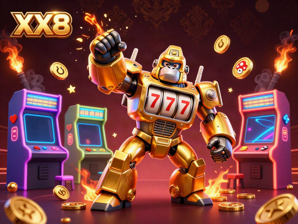 Engage in thrilling slot machine battles as XX8's golden gorilla mech unleashes coins and excitement in a colorful arcade setting.