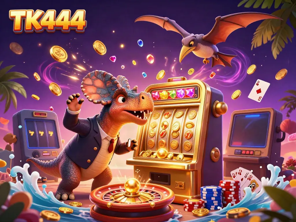 TK444 brings excitement with a 3D cartoon illustration of a dinosaur winning at a slot machine, capturing the essence of a thrilling online casino experience.