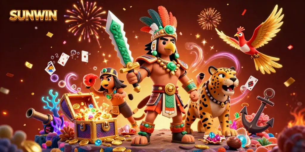 Experience SUNWIN's energetic casino scene with characters and treasures in vibrant 3D illustration.
