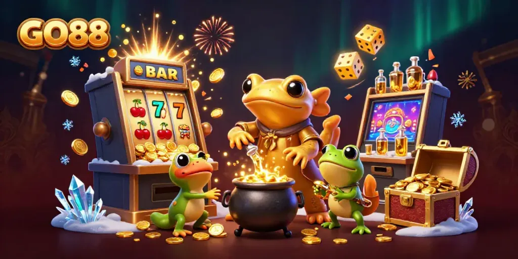 Experience GO88's vibrant gaming world with a giant salamander alchemist and exciting casino elements.