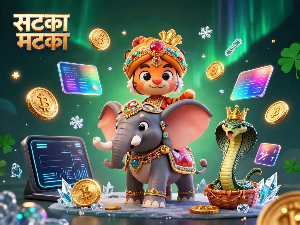 सटका मटका के साथ 3D शाही बाघ और हाथी का शानदार चित्रण, क्रिप्टो तत्वों के बीच