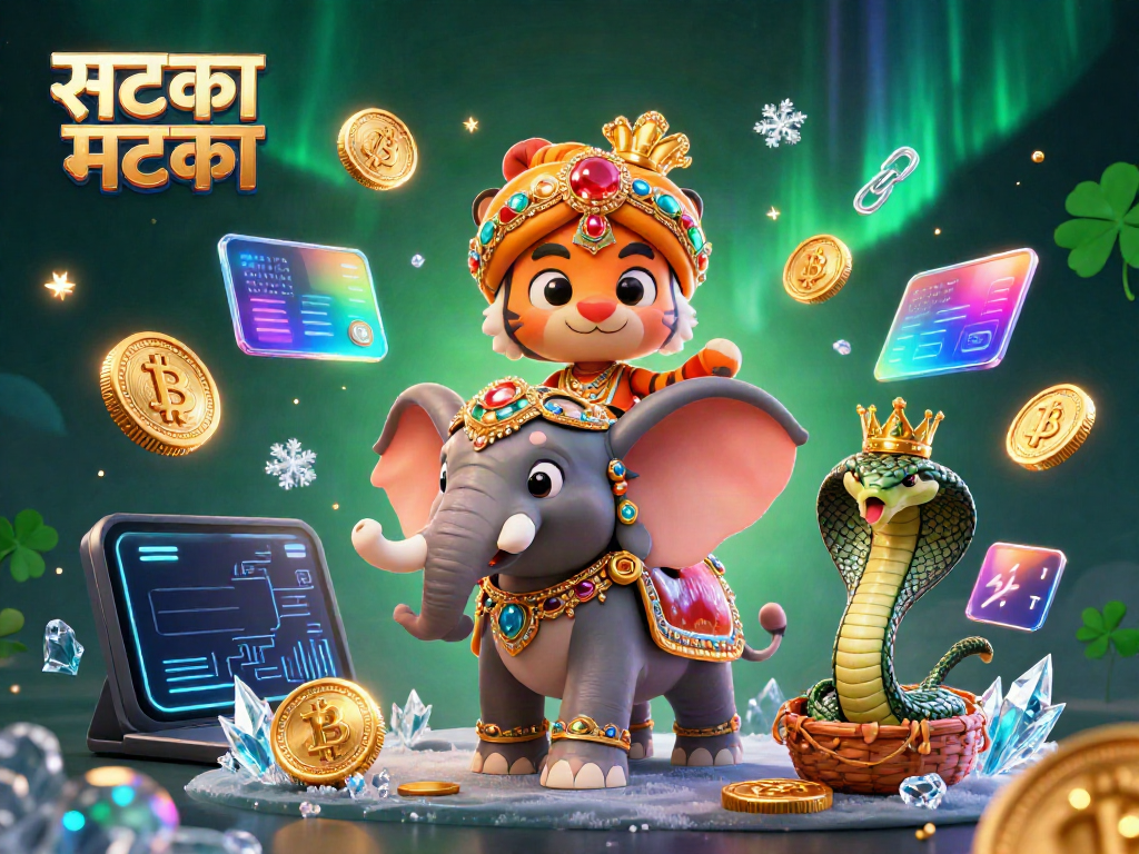 सटका मटका के साथ 3D शाही बाघ और हाथी का शानदार चित्रण, क्रिप्टो तत्वों के बीच