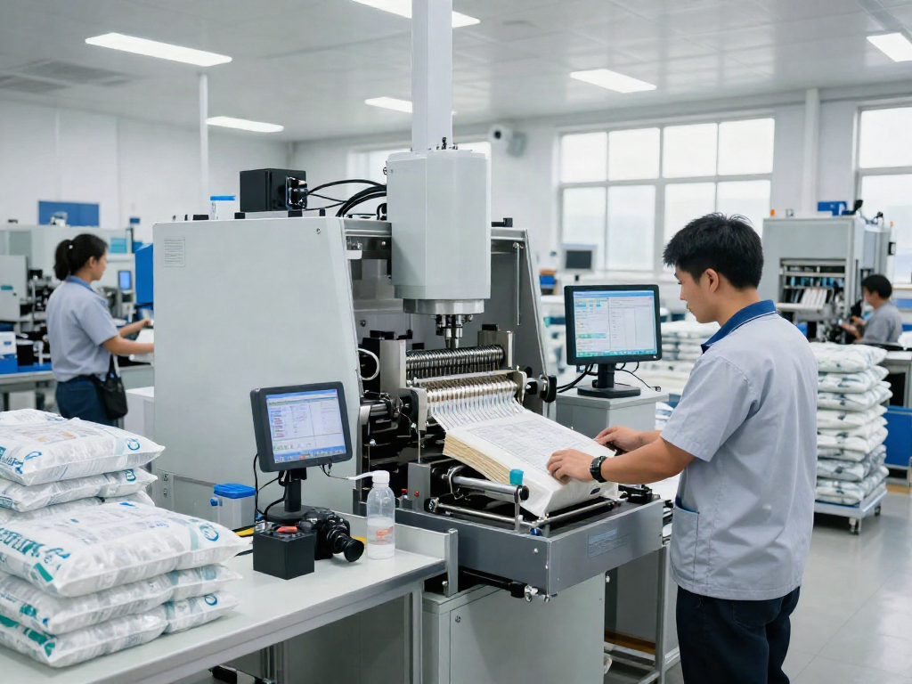 Open-mouth bagging machine in action at a professional packaging equipment manufacturer facility.