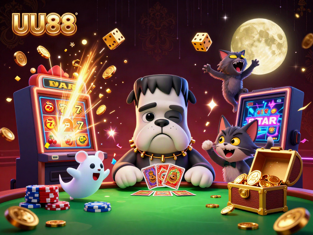 Play exciting card games at UU88, featuring a cartoon bulldog dealer amongst jackpot elements.