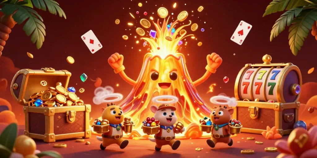Engage with bangtoto's vibrant casino scene featuring a golden volcano erupting coins and treasures, and playful explorer animals.