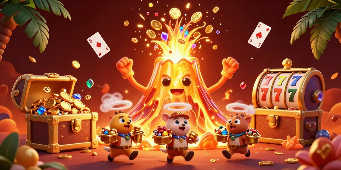 Engage with bangtoto's vibrant casino scene featuring a golden volcano erupting coins and treasures, and playful explorer animals.