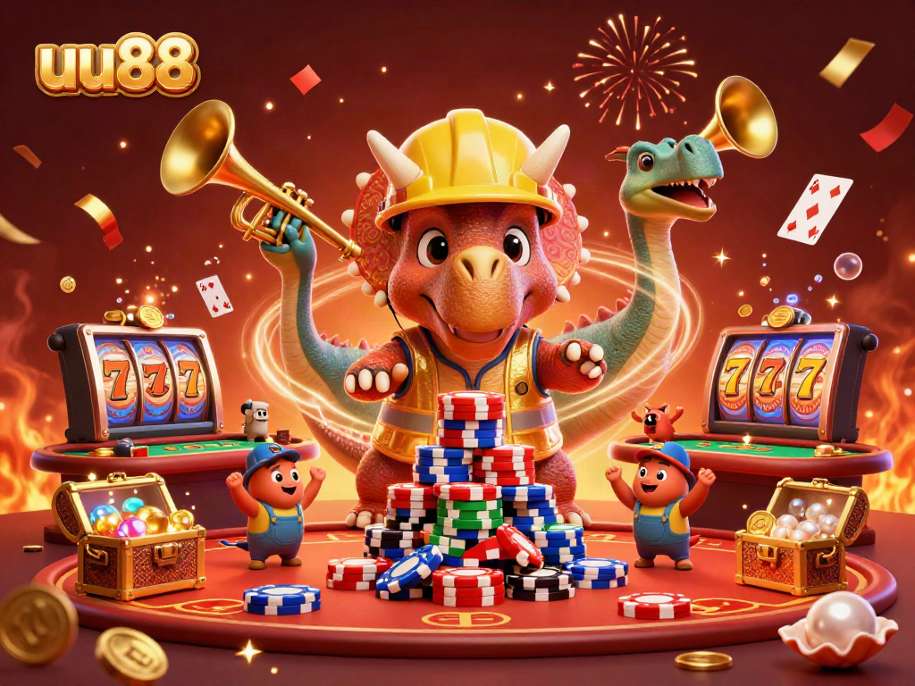uu88-themed 3D illustration showcasing a triceratops and parasaurolophus celebrating gaming triumphs amidst casino elements.