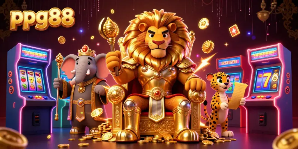 Play exciting games at ppg88 with the fierce lion king leading a vibrant casino scene.