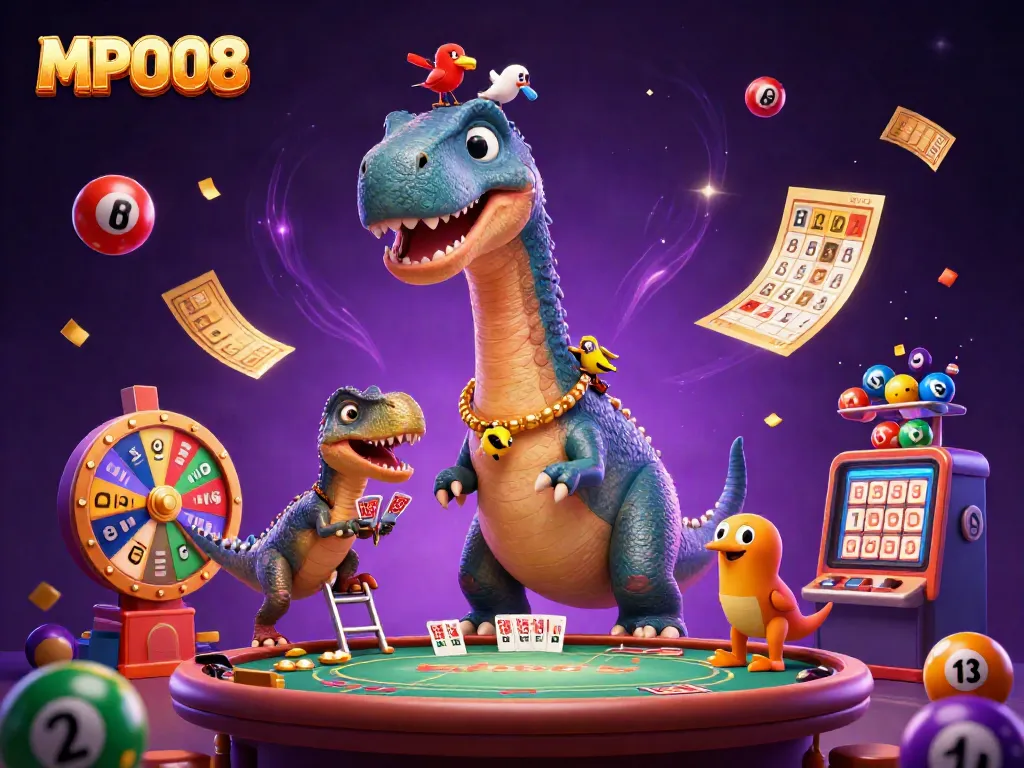 MPO08 gears up for vibrant card dealing action with a towering brontosaurus, raptor dealer, and exciting casino elements.