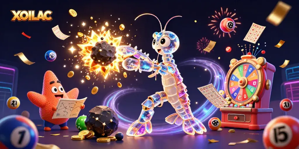 Experience thrilling action with XOILAC as the galactic samurai shrimp battles through asteroids, showcasing vibrant gambling elements.