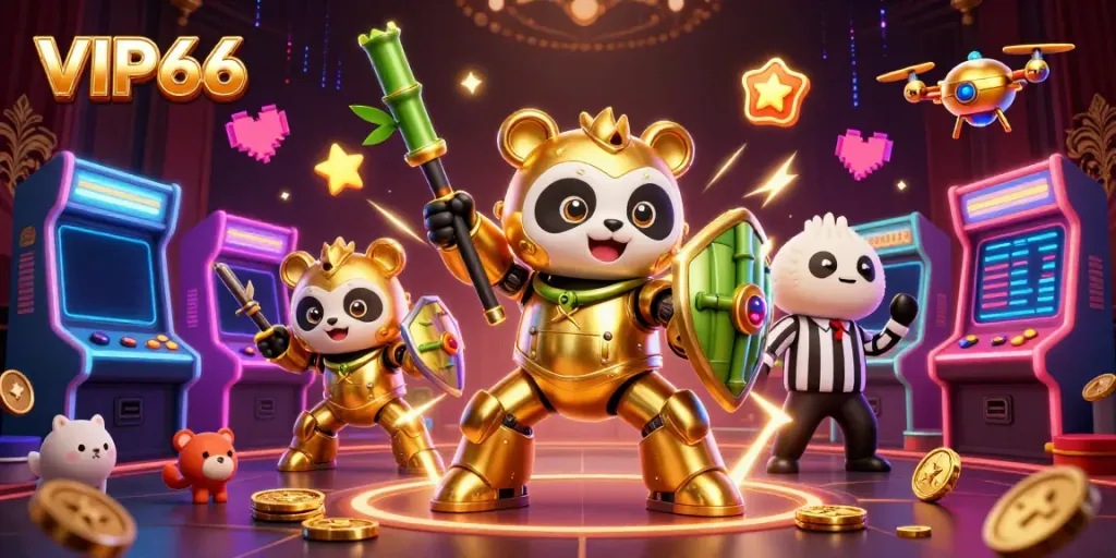 Experience the excitement of VIP66 with a vibrant 3D gaming scene featuring a mech-suit panda.