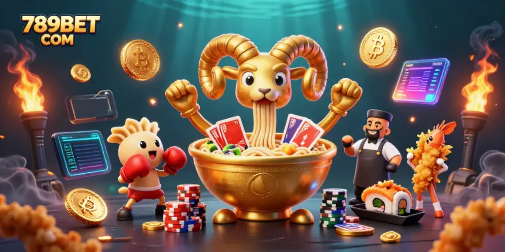 Engage with 789BET COM's vibrant casino scene featuring animated food characters dealing cards and showcasing cryptocurrency elements.
