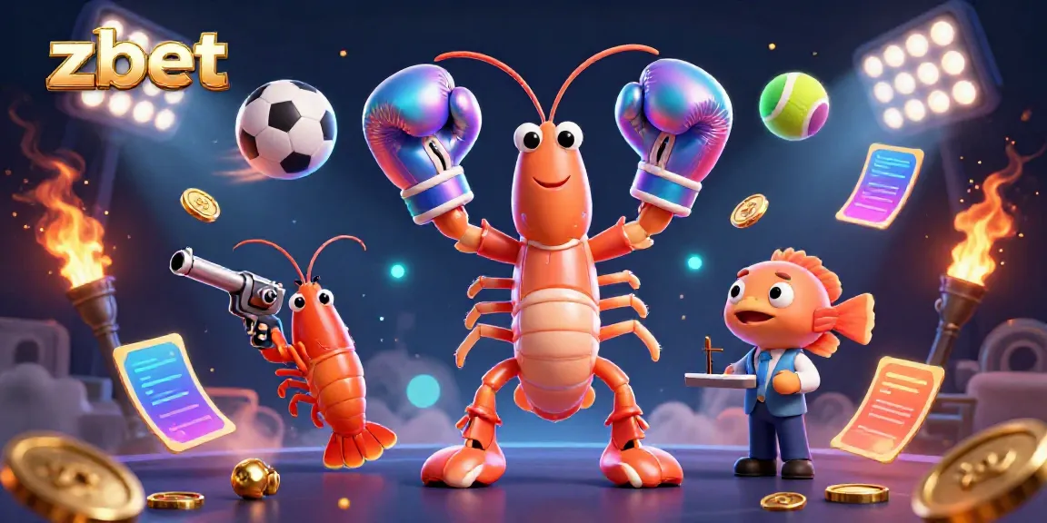 Engage with zbet's dynamic gaming scene featuring a cartoon mantis shrimp and sports elements.