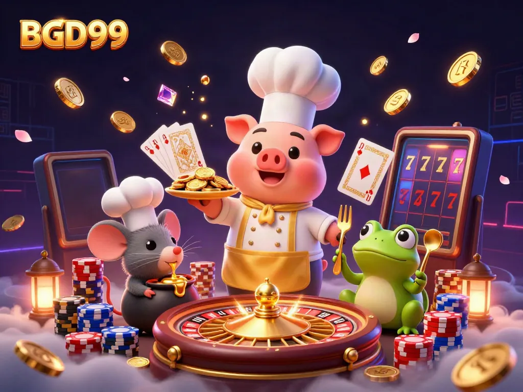 Win big with BGD99 while enjoying a vibrant 3D casino scene featuring lively characters and gold prizes.
