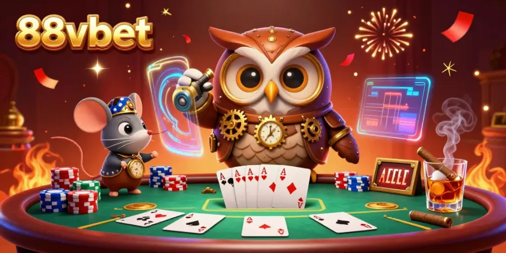 Experience the excitement of 88vbet with a whimsical time-traveling owl and poker elements.