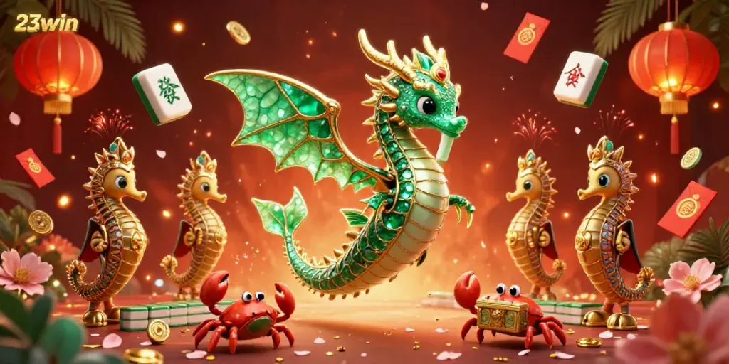 Engage with the vibrant treasure-filled world of 23win, featuring a floating sea dragon and energetic casino elements.