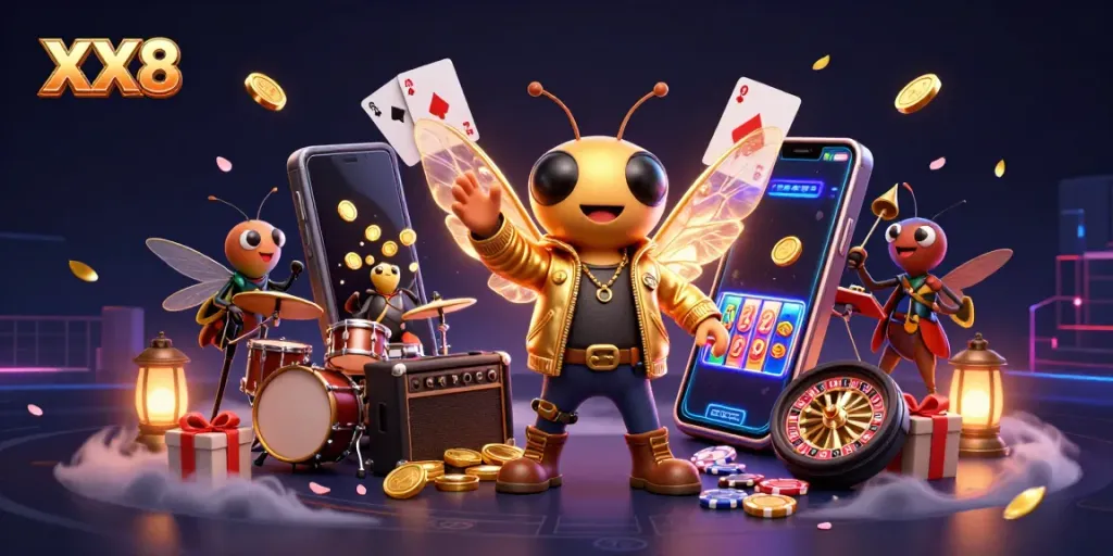 Experience the thrilling XX8 online casino with vibrant game elements and characters in a dynamic scene.