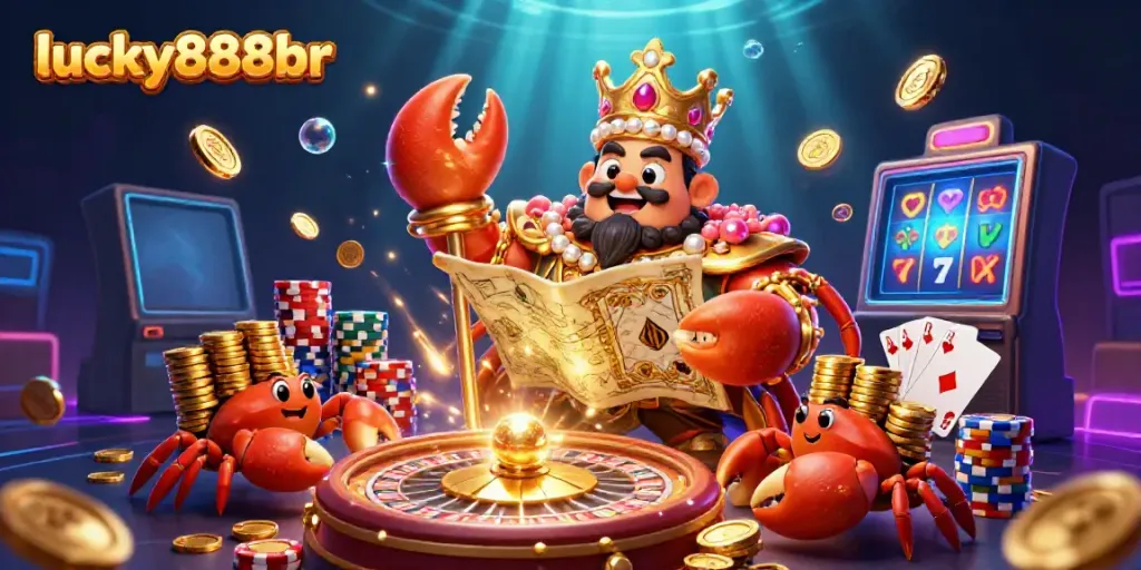 Experience excitement with lucky888br's captivating 3D illustration of a golden crab emperor amidst vibrant casino elements.