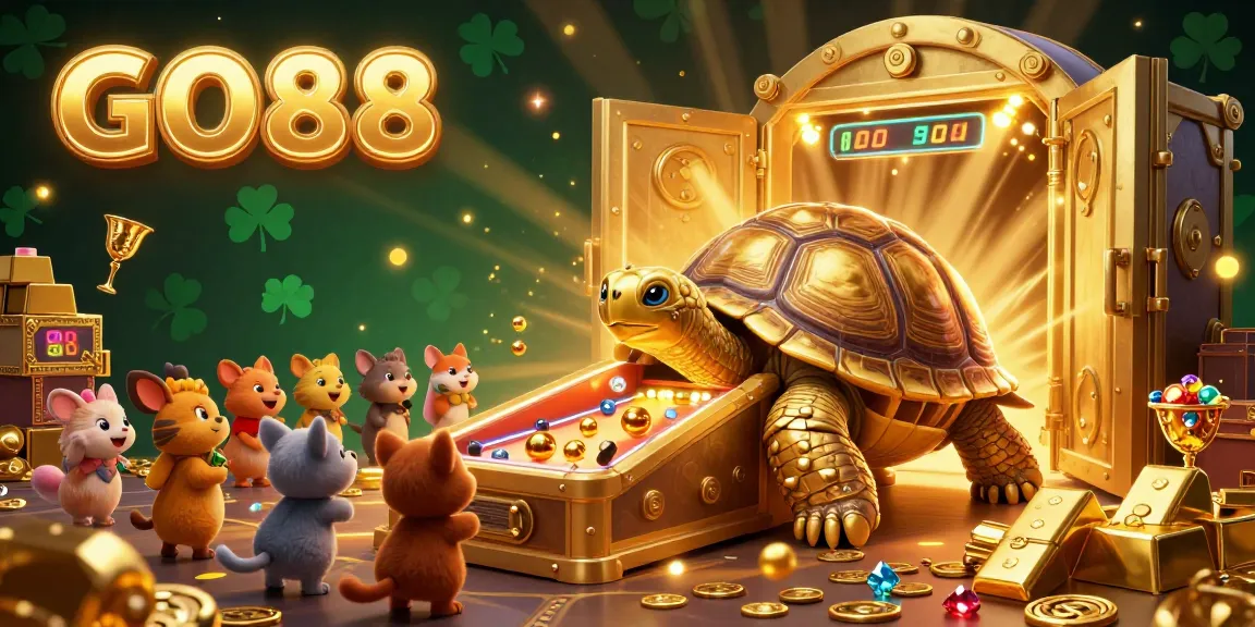 Experience the excitement of GO88 with a vibrant 3D casino scene showcasing thrilling games and treasure.