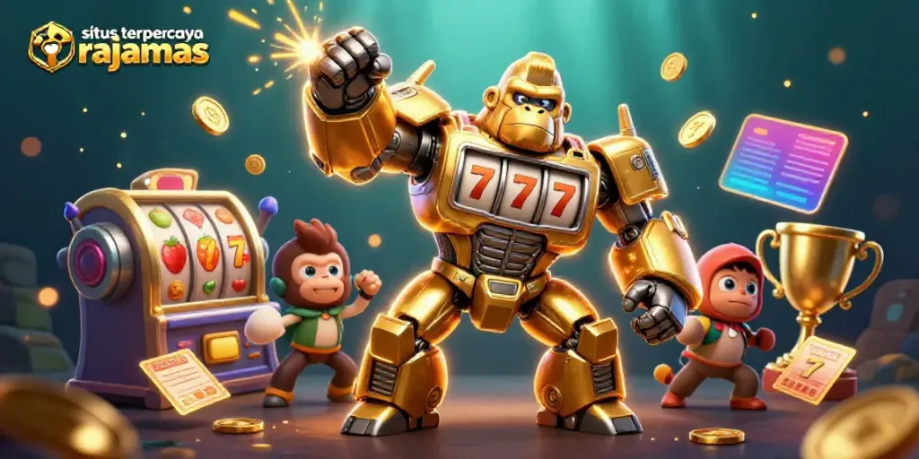 Slot mesin dan gorila emas yang menggambarkan situs terpercaya rajamas untuk pengalaman judi berkelas.