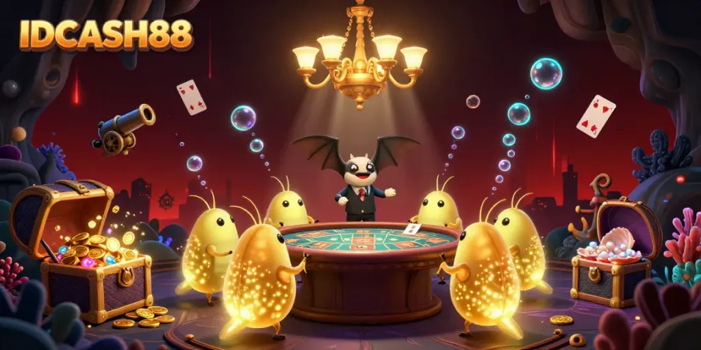 Experience the excitement of IDCASH88 with glowworms illuminating a vibrant cave casino scene packed with treasure.
