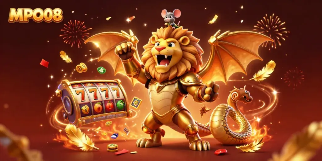 Engage with MPO08, where a golden chimera triumphant at the online slot experience, featuring scattered symbols.