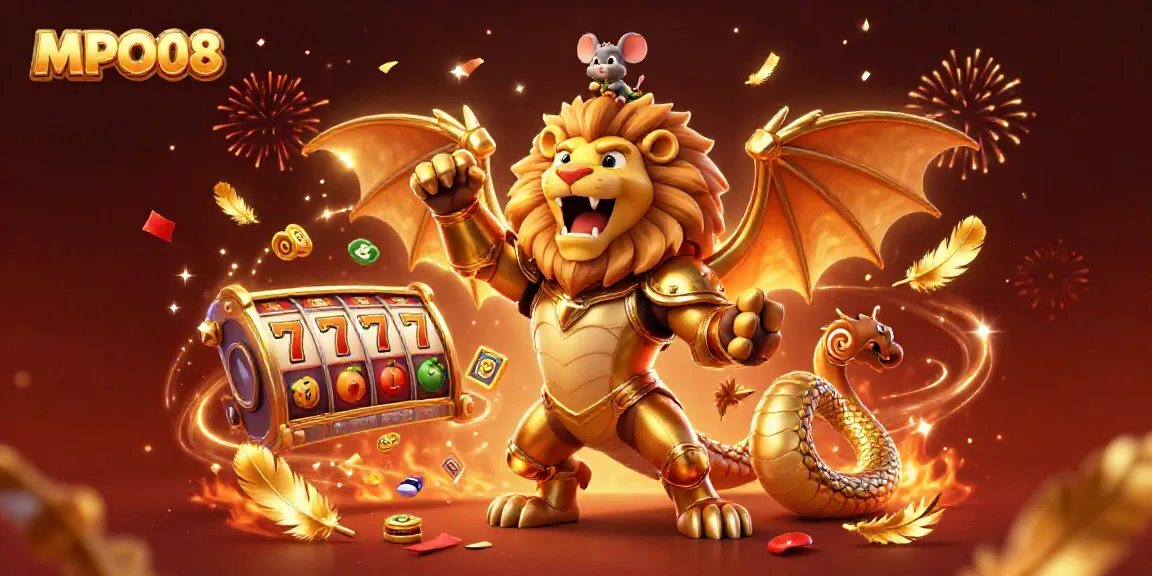 Engage with MPO08, where a golden chimera triumphant at the online slot experience, featuring scattered symbols.