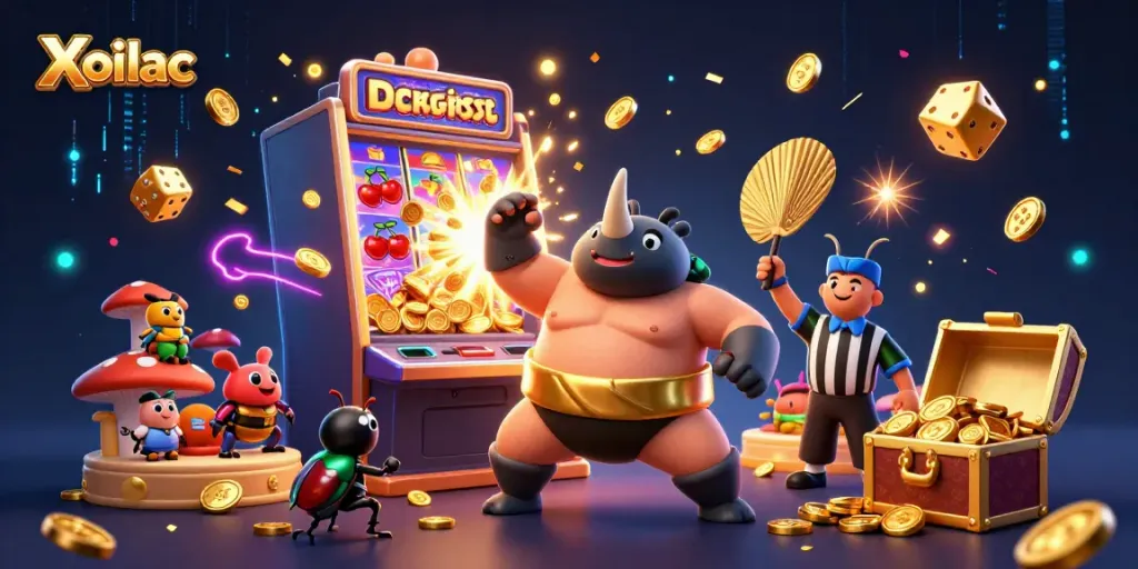 Xoilac engages viewers with an explosive casino scene featuring a rhinoceros beetle sumo champion surrounded by slot machines and prize elements.