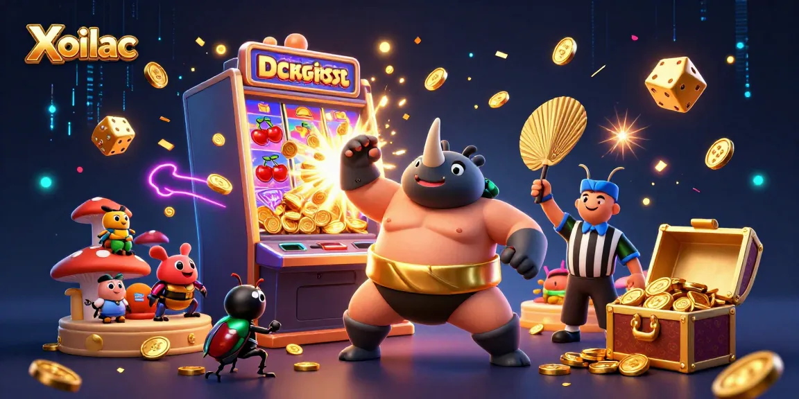 Xoilac engages viewers with an explosive casino scene featuring a rhinoceros beetle sumo champion surrounded by slot machines and prize elements.
