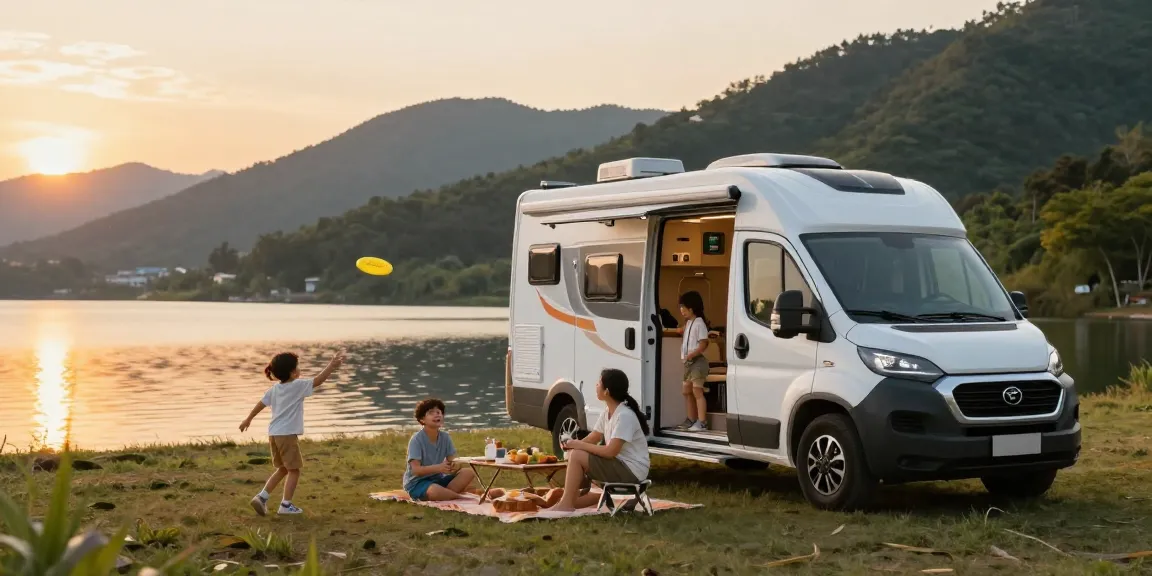 Family enjoying an outdoor picnic by their camper van with rv lithium battery visible.