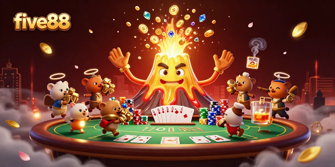 Experience the excitement of five88 with a golden volcano and poker elements in a vibrant casino scene.