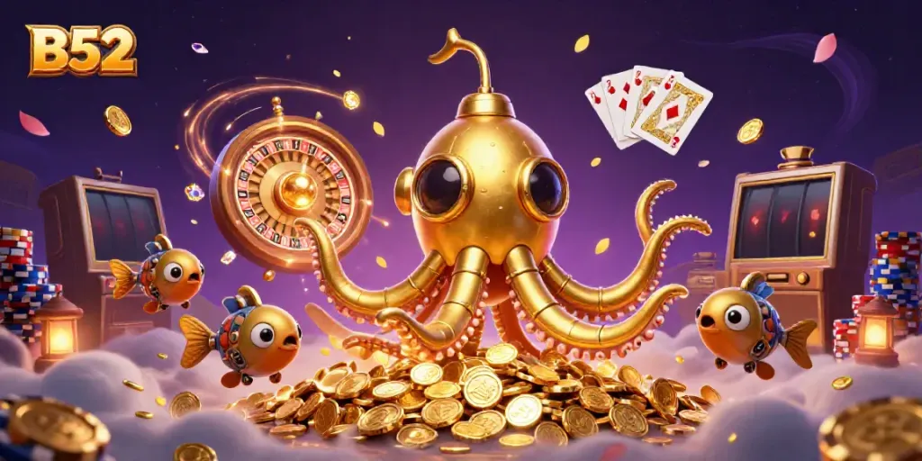 Experience the excitement of B52 casino activities with high-quality 3D illustration of gameplay and vibrant visuals.